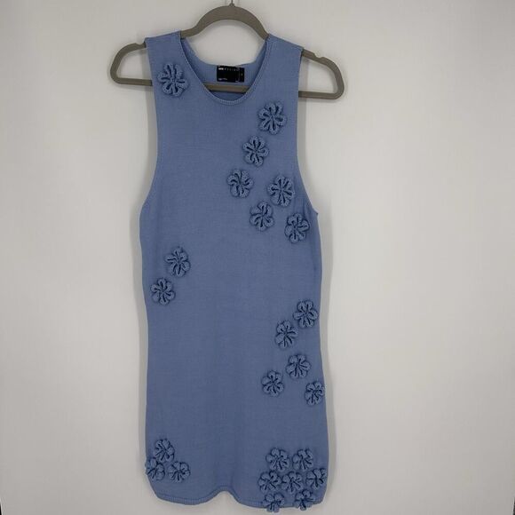 ASOS DESIGN Knitted Mini Dress Flower Applique Women’s Size M Blue Sleeveless - Picture 4 of 12